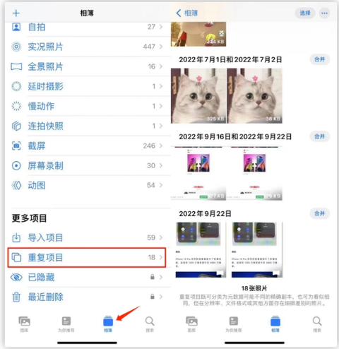斗门苹果手机维修分享iOS 16 中相册重复项目功能使用方法 